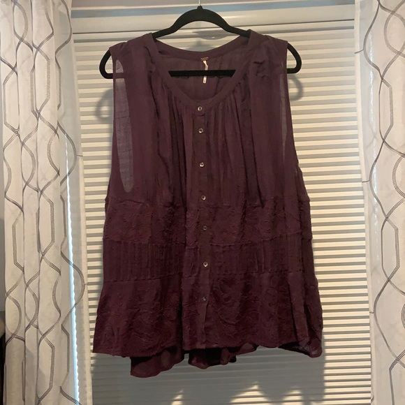 Free People Plum Embroidered Button Down Flowy Top - Picture 1 of 9